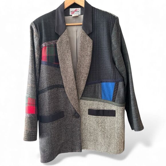 Mary Flanagan Womens Wool Patchwork Single Button Blazer Jacket Multicolor Large - Picture 1 of 7